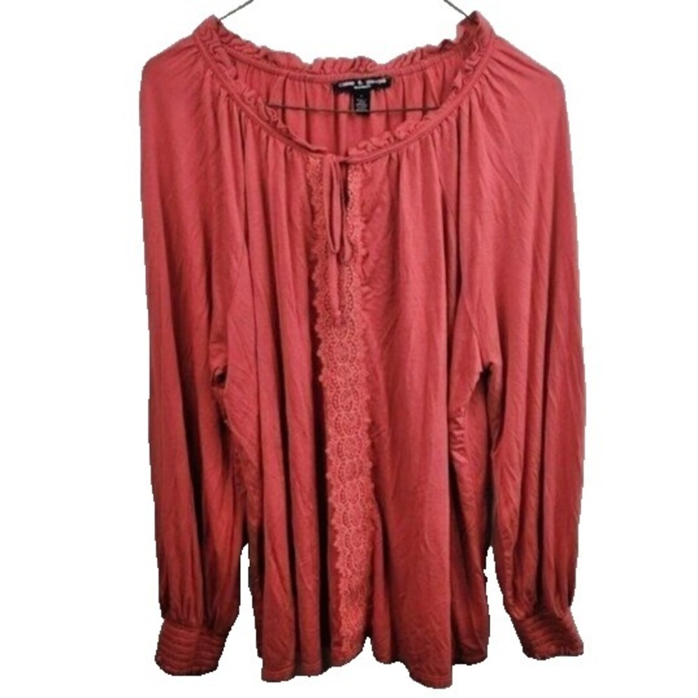 CABLE & Gauge Womens BOHO Top Size 1X Orange Lace Accent Balloon Sleeve‎ Peasant